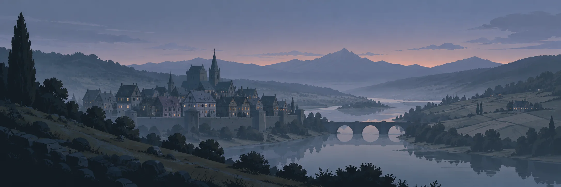 A walled town beside a river and stone bridge at dusk, with farmland on the far bank.