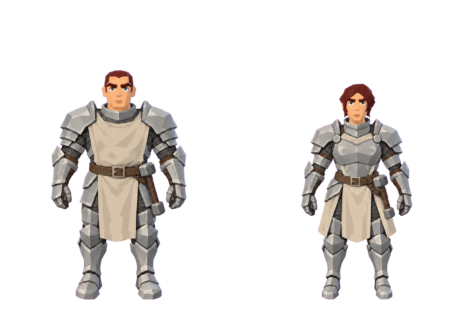 Concept art of dwarves, a man and a woman in armour.