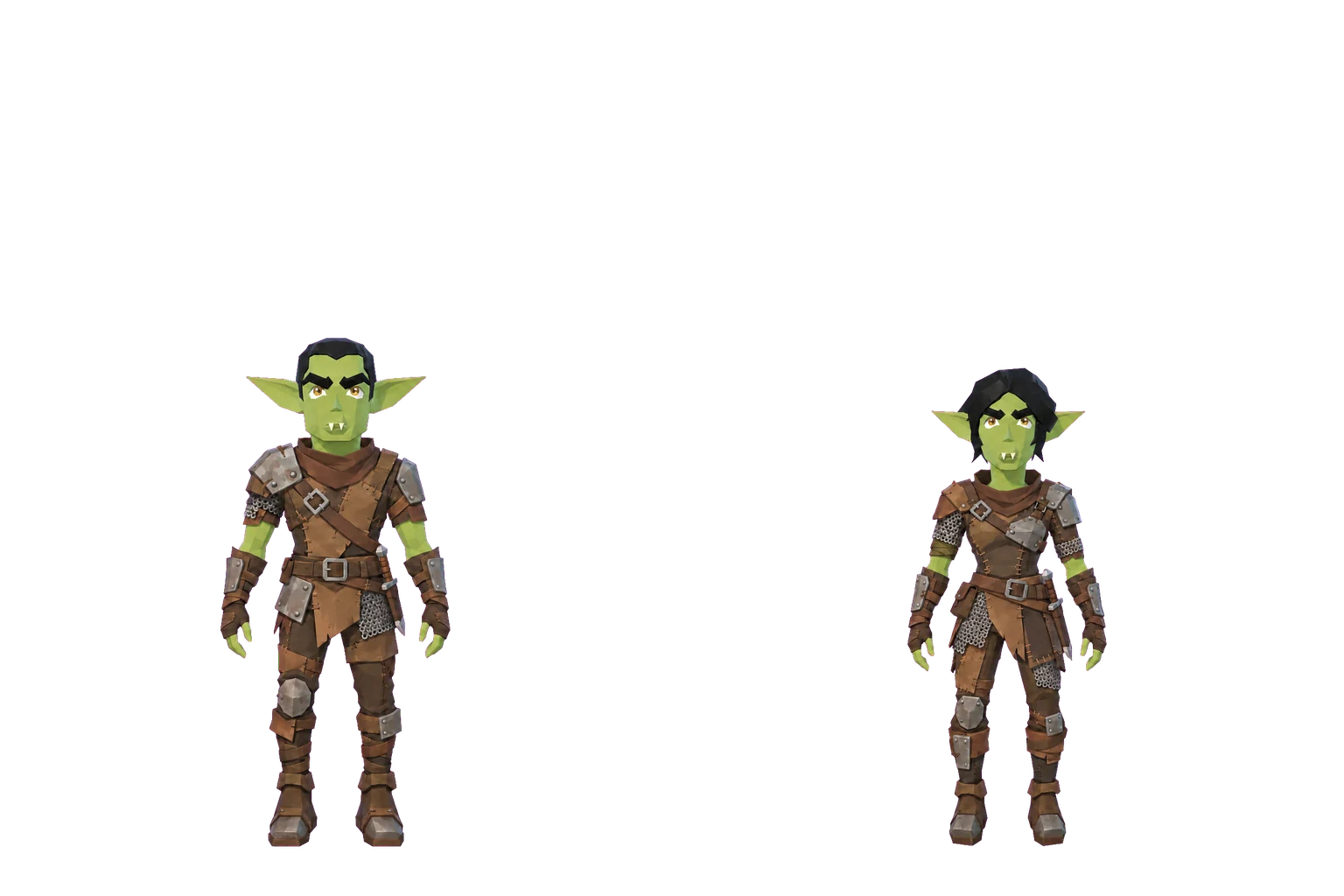 Concept art of goblins, a man and a woman in armour.