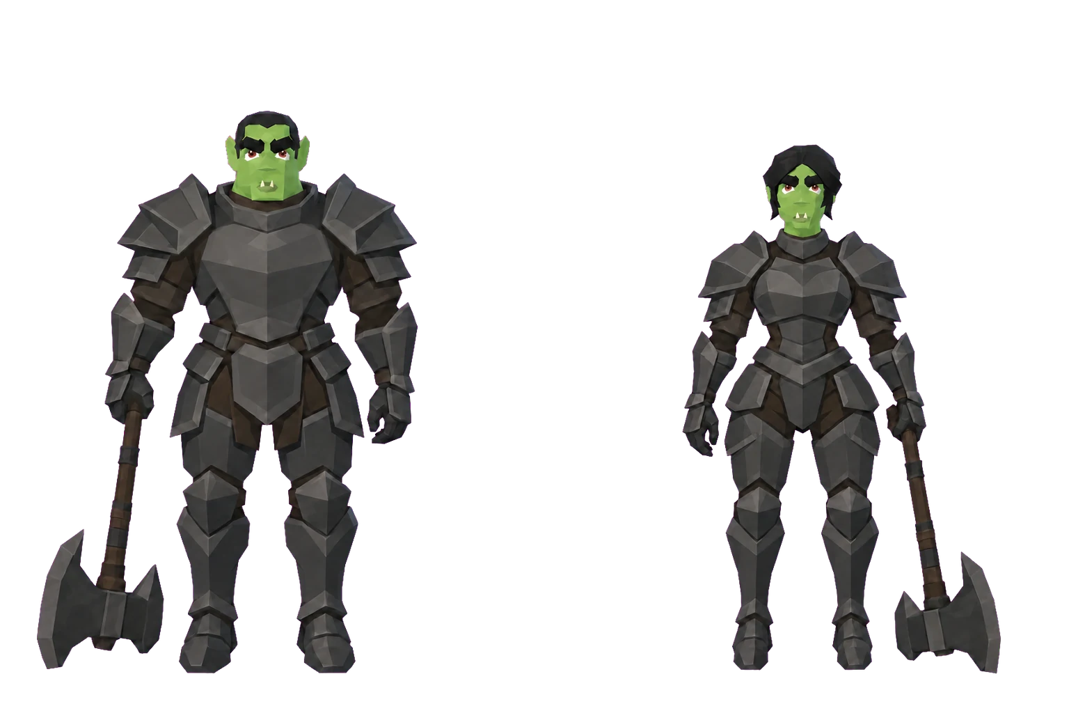 Concept art of orcs, a man and a woman in armour.